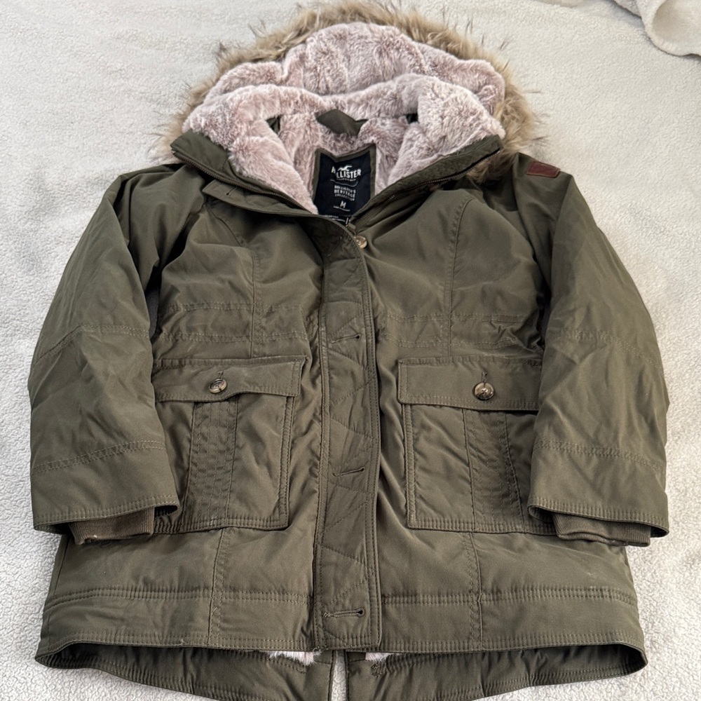 Hollister Olive Green Hooded Parka with Faux Fur Lining